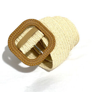 Ladies fashion woven stretch belt faux rattan buckle natural fibers casual chic